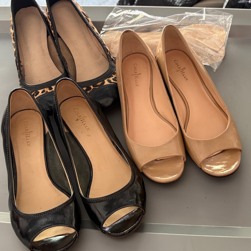 3-pair Lot Cole Haan Women's Wedges - Black, Tan/Nude, and Leopard Print 7.5